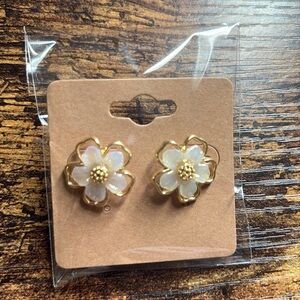Gold and White Floral Earrings